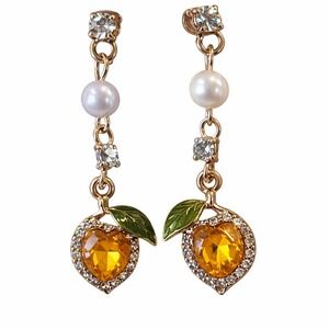 Heart Crystal Fruit Drop Earrings Gold Tone Faux Pearl Enamel Leaf Peaches